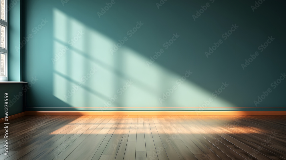 Blue turquoise empty wall and wooden floor with interesting with glare from the window. Interior background for the presentation. Blue turquoise empty wall and wooden floor with interesting with glare from the window. Interior background for the presentation.