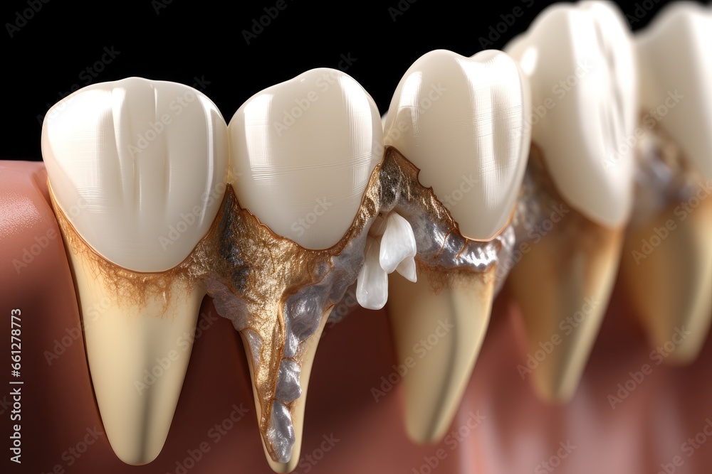 Impacted Tooth. Impacted wisdom tooth due to which a gum hood was formed, Healthy teeth and wisdom tooth with mesial impaction. - obrazy, fototapety, plakaty 