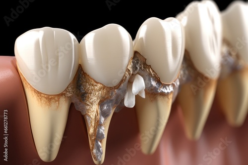 Impacted Tooth. Impacted wisdom tooth due to which a gum hood was formed, Healthy teeth and wisdom tooth with mesial impaction.