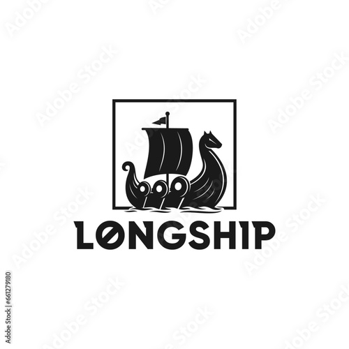 Viking War Ship Drakkar, Ancient Nordic Longship Battle Boat  Silhouette Illustration Logo Design