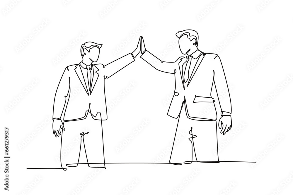 Single continuous line drawing of two young happy businessmen celebrating their successive goal with high five gesture together. Business deal concept. One line draw graphic design vector illustration Single continuous line drawing of two young happy businessmen celebrating their successive goal with high five gesture together. Business deal concept. One line draw graphic design vector illustration