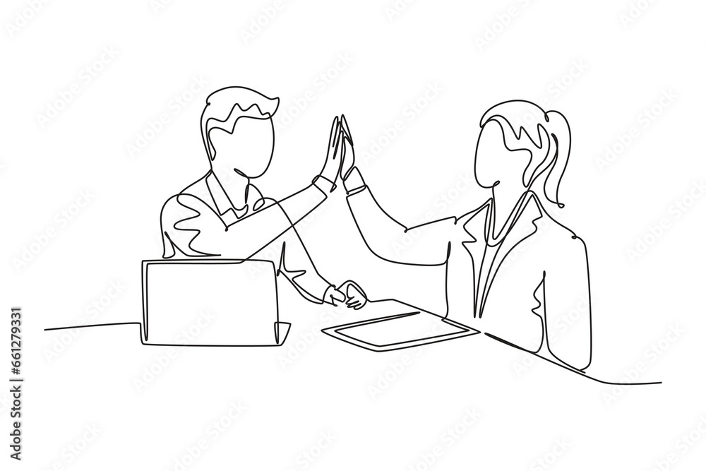 Single one line drawing businessman and businesswoman celebrating their successive goal at the business meeting with high five gesture. Modern continuous line draw design graphic vector illustration Single one line drawing businessman and businesswoman celebrating their successive goal at the business meeting with high five gesture. Modern continuous line draw design graphic vector illustration