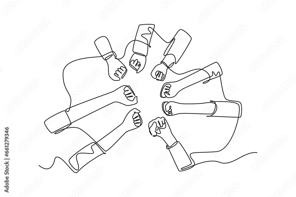 Single one line drawing group of young business people unite their hands together to form a circle shape as a unity symbol. Teamwork concept. Modern continuous line design graphic vector illustration