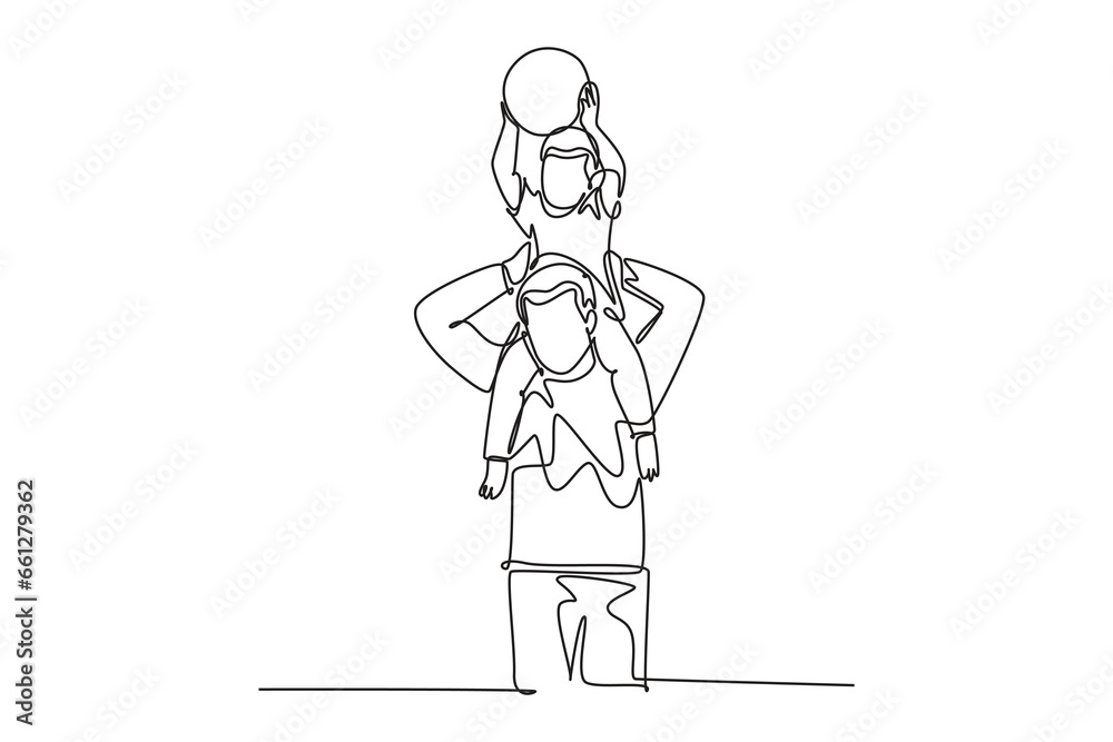 Single one line drawing young happy father lift up his son on the shoulder and playing ball together at outdoor park. Parenting family concept. Continuous line draw design graphic vector illustration