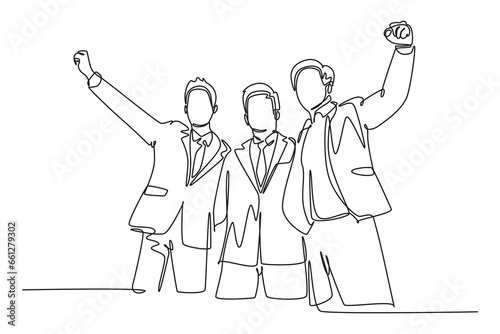 Single continuous line drawing three young happy businessmen celebrating their successive target at the business meeting with high five gesture. Business deal. One line draw design vector illustration