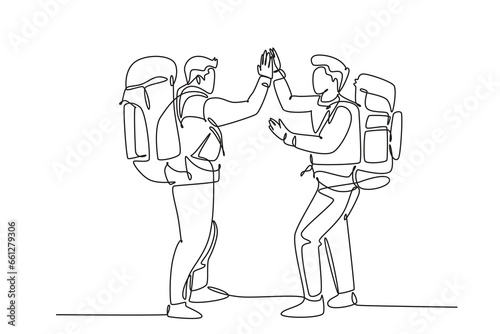 Single continuous line drawing of two young happy tourist carrying backpack to go to holiday and gives high five gesture. Backpacker traveling. Dynamic one line draw graphic design vector illustration