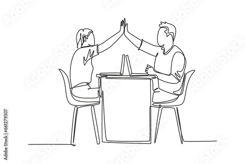 Single continuous line drawing two young happy couple man and woman work at cafe and giving high five gesture to celebrate successful. Business deal. One line draw graphic design vector illustration