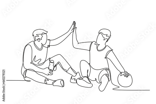 Single continuous line drawing two young happy men take a rest after playing basketball at court, giving high five gesture. Sport game concept. Dynamic one line draw graphic design vector illustration