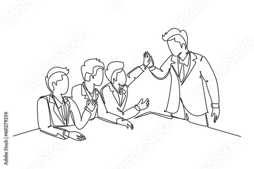 Single one line drawing group of businessmen celebrating their successive goal at the business meeting with high five gesture. Business deal concept. Continuous line design graphic vector illustration