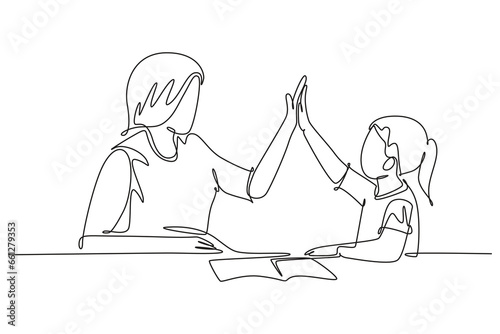 Single one line drawing young happy mother accompany her daughter study studying and reading book while giving high five gesture. Parenting concept. Continuous line design graphic vector illustration