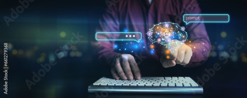 Person typing message on application talking to AI or artificial intelligence, conversation with future artificial intelligence, artificial intelligence technology, automated chatbot. ChatBot concept.