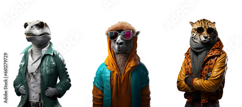 Set of creative animals wearing trendy fashion clothes and color sunglasses, dinosaur, camel, cheetah, Posing in studio, Contemporary art idea concept design, isolated on white background © Black Pig