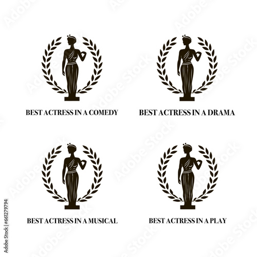 Best actress in film, movie, play, drama, comedy or musical vector icon set. Isolated emblem black and white pack with wreath laurel and statuette for winner or nomination