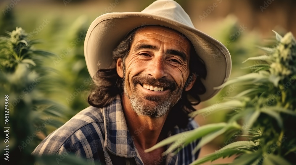 Farmer working in cannabis fields. Farmer working in cannabis fields.