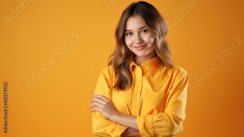 Portrait of smiling teen girl standing against yellow background.