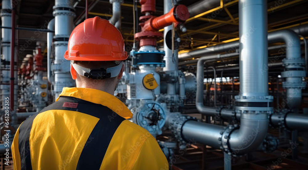 Factory worker in hardhat are working at gas compressor station, Standing near Yellow-red pipeline. Factory worker in hardhat are working at gas compressor station, Standing near Yellow-red pipeline.