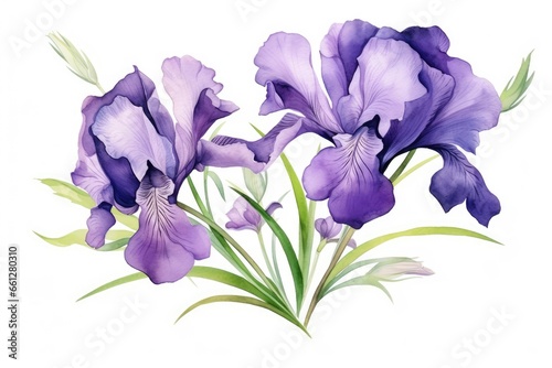 Watercolor purple iris flowers with green leaves on a white background © kardaska