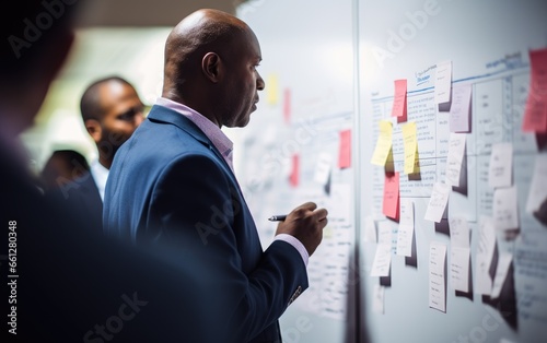 An individual stands before a whiteboard, brainstorming solutions to a challenge. Around them, colleagues engage in discussions, offering suggestions