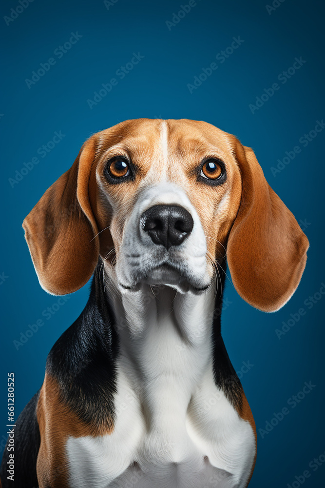 Beagle Dog Portrait on Dark Blue Background for Magazine - Created with Generative AI Tools