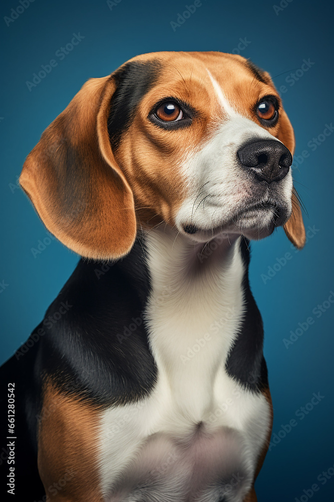 Beagle Dog Portrait on Dark Blue Background for Magazine - Created with Generative AI Tools