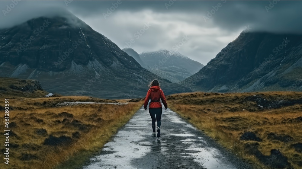 Woman walking alone in the highlands on mountain.