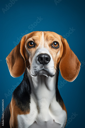 Beagle Dog Portrait on Dark Blue Background for Magazine - Created with Generative AI Tools