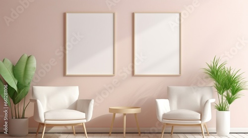 Interior room with two picture frames on the wall  furniture and plant under warm sunshine. Poster frame mockup scene.