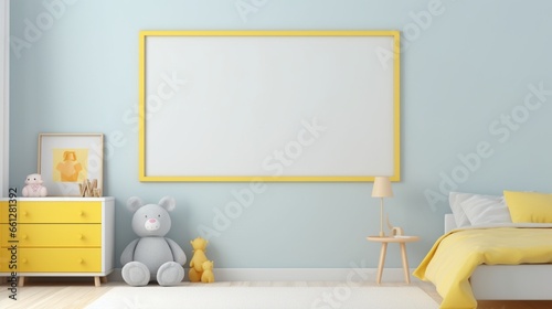 Mock up frame in unisex children room interior background,