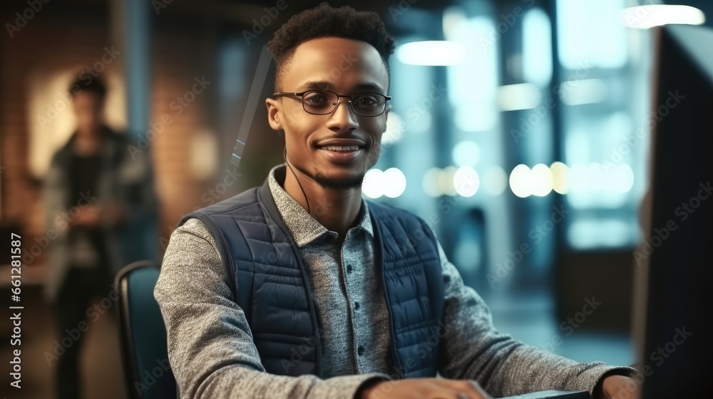 Confident African American software engineer developing machine learning algorithm at modern office. Confident African American software engineer developing machine learning algorithm at modern office.