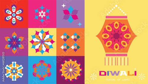 Traditional Indian festival Diwali. Happy Festival of lights Deepavali Template set icons for greeting card Festive Burning diya graphic design background Vector abstract flat illustration