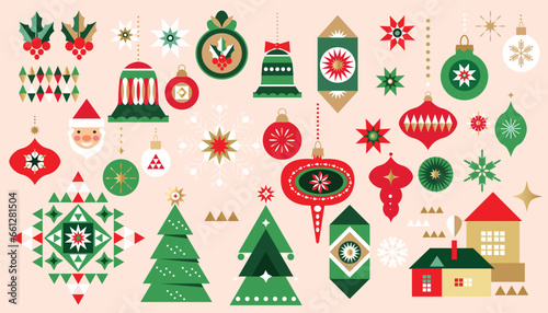 Merry Christmas and Happy New Year 2024  holiday template design seamless pattern  Gifts, Santa, ball toy, christmas tree, snowflake   Modern Xmas flat cartoon vector illustration
