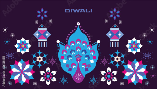 Traditional Indian festival Diwali. Happy Festival of lights Deepavali Template set icons for greeting card Festive Burning diya graphic design background Vector abstract flat illustration