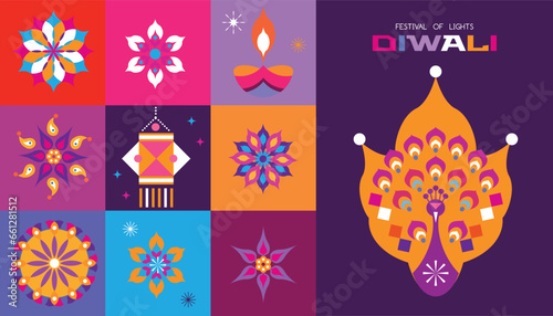 Traditional Indian festival Diwali. Happy Festival of lights Deepavali Template set icons for greeting card Festive Burning diya graphic design background Vector abstract flat illustration