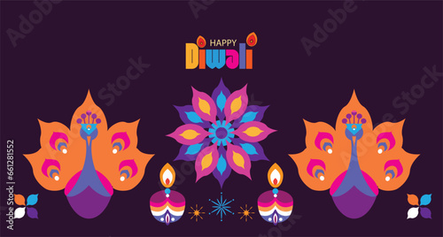 Traditional Indian festival Diwali. Happy Festival of lights Deepavali Template set icons for greeting card Festive Burning diya graphic design background Vector abstract flat illustration
