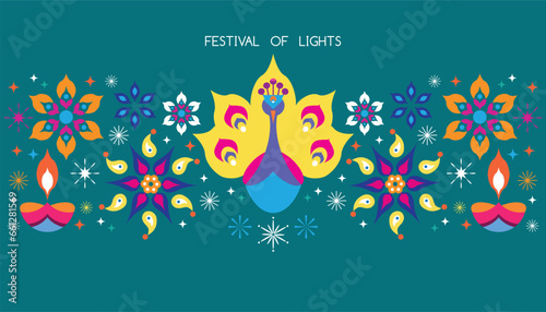 Traditional Indian festival Diwali. Happy Festival of lights Deepavali Template set icons for greeting card Festive Burning diya graphic design background Vector abstract flat illustration