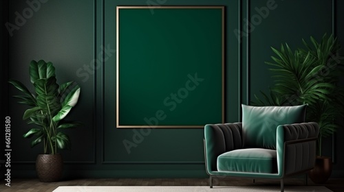 Mock up poster frame in dark green living room interior, ethnic style,