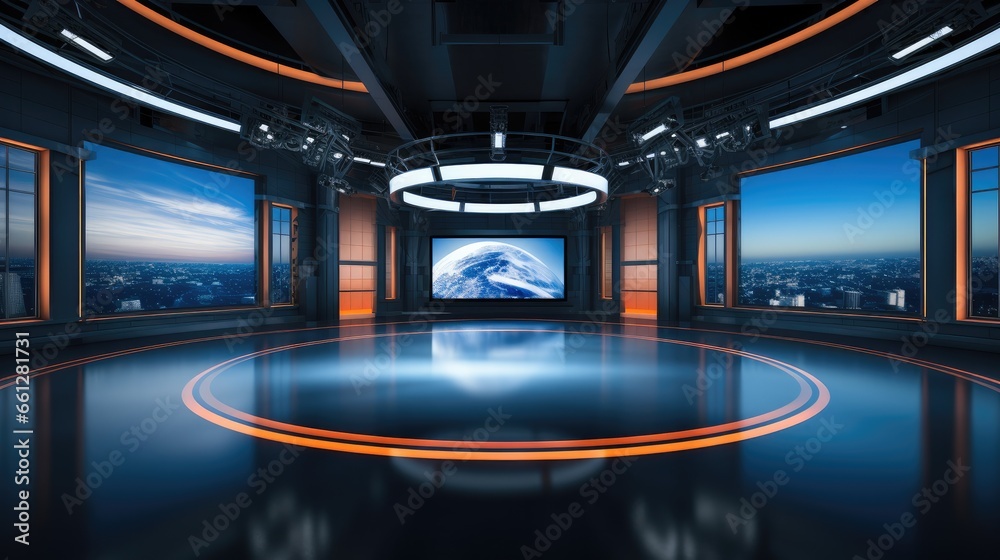 Television studio, Studio news with a large screen in the middle, Tv news studio. - obrazy, fototapety, plakaty 