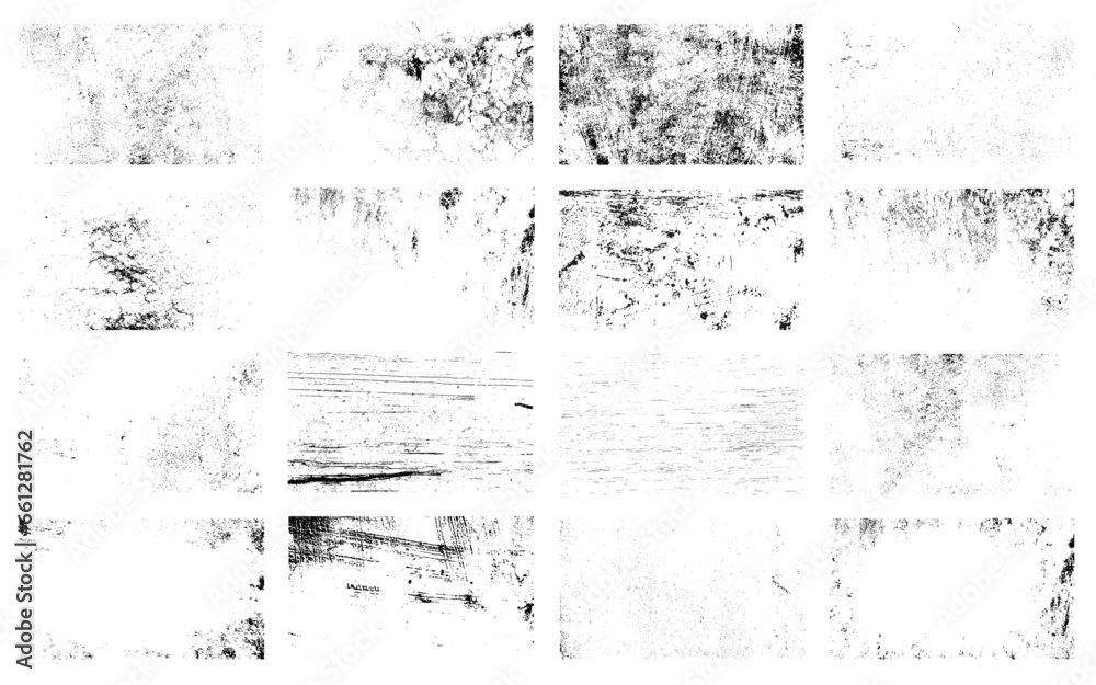 Vector grunge textures. Distress textures set. Grunge overlay textures with dust grain isolated on white background. Set of vector paint brush stroke, ink splash and grungy decoration