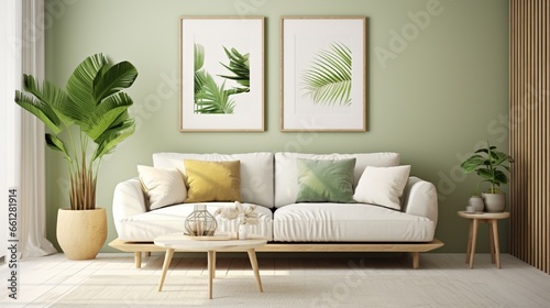 mock up poster frame in modern interior background, gallery wall in green living room, Scandinavian Boho style, photo