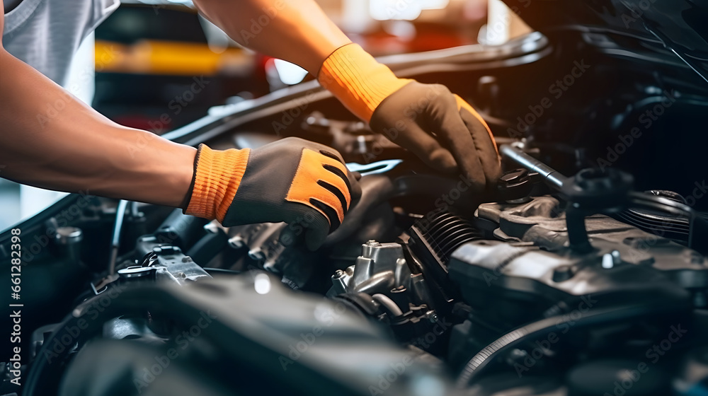 Technician Hands of car mechanic working repair in auto repair Service electric battery and Maintenance of car battery - obrazy, fototapety, plakaty 