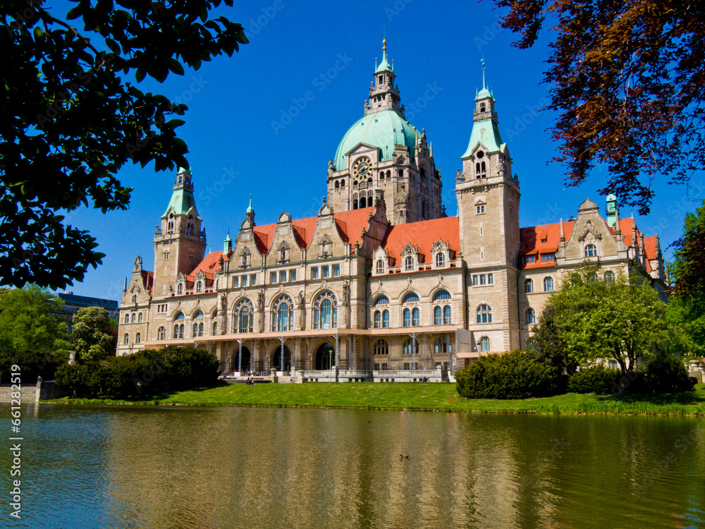 New city hall at Rathus park in Hannover city, Germany. 