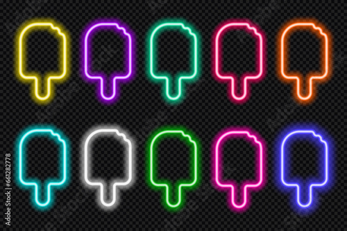 Neon popsicle icon set. Glowing coloful ice cream eskimo with stick . Summer shape action button UI elements for cafe. Purple, blue, pink, yellow, green, red text boxes. Vector illustration.
