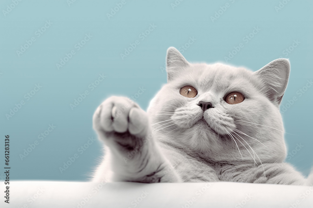 A little gray kitten was held in a human hand carefully, shot in a studio. Generative AI.