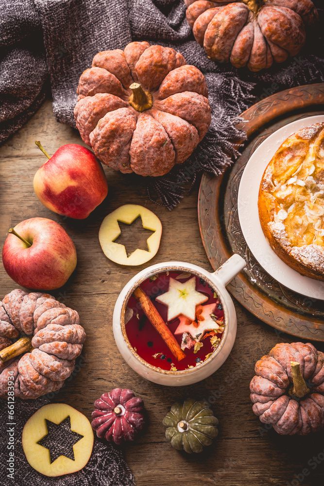 Herbal tea with fruits and cinnamon with apple pie for Thanksgiving Herbal tea with fruits and cinnamon with apple pie for Thanksgiving