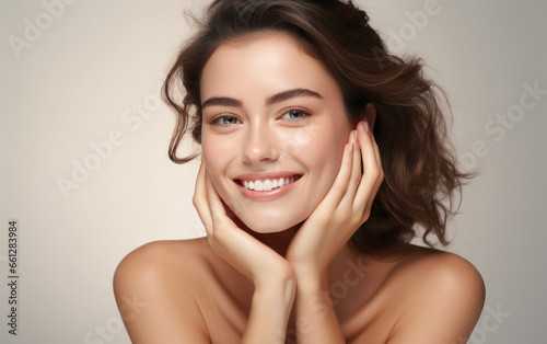 Beautiful smiling woman touching her face with hand