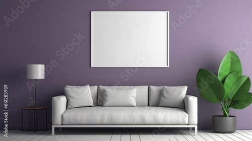 Square picture frame in gray color on the wall in a colorful interior room for posters and product showcase and copy space. Modern interior room for posters.