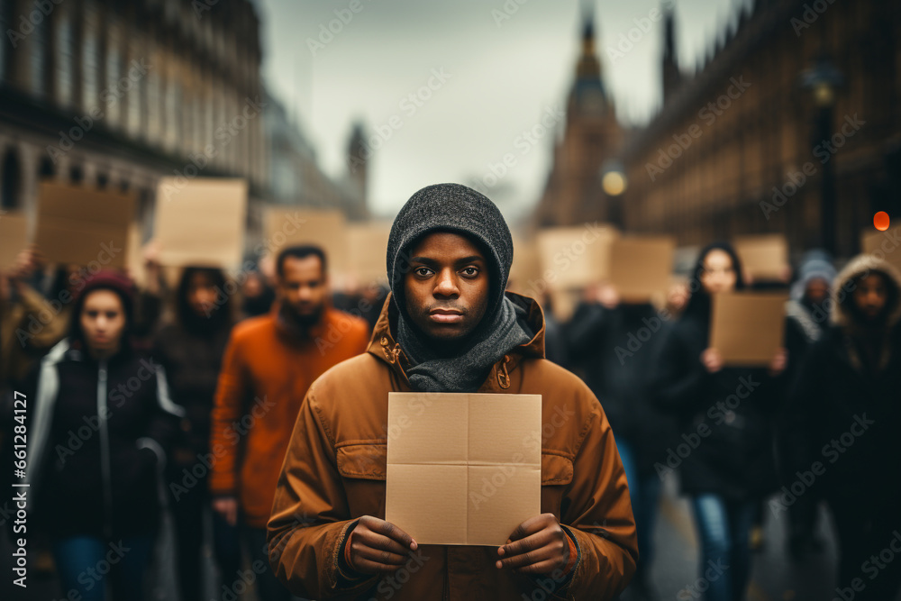Man standing with demonstration poster in front of the people crowd. Black lives matters (BLM), human right, refugees concept. Blank brown cardboard poster with copy space. Generative AI - obrazy, fototapety, plakaty 