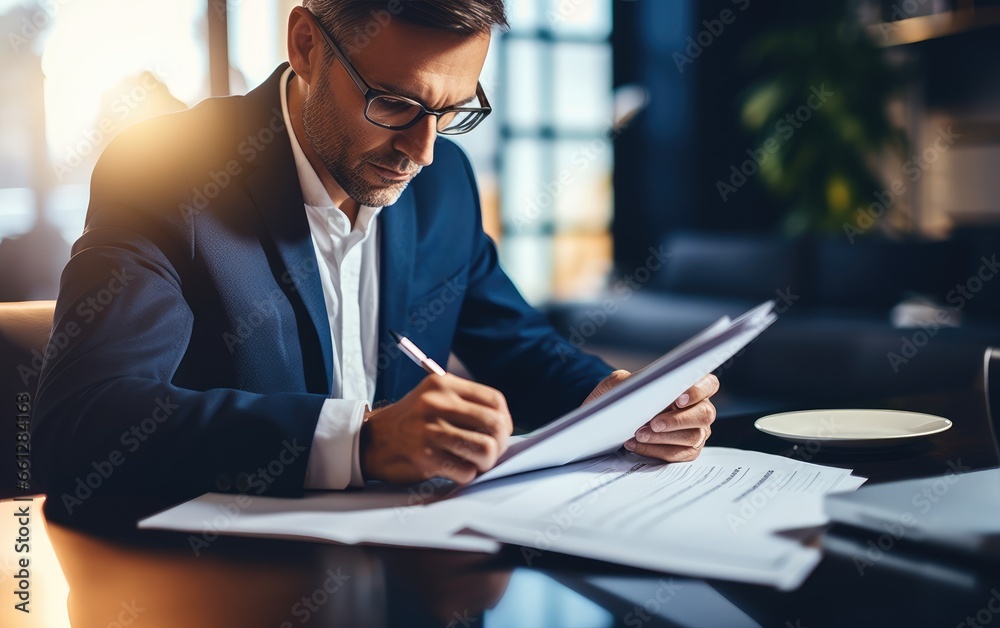 Businessman thoughtfully reviewing financial documents, perhaps considering long-term savings or investments - obrazy, fototapety, plakaty 