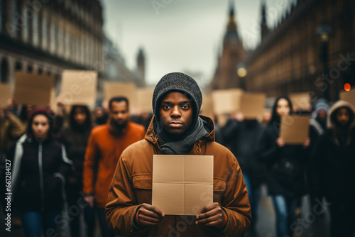 Man standing with demonstration poster in front of the people crowd. Black lives matters (BLM), human right, refugees concept. Blank brown cardboard poster with copy space. Generative AI © Rytis