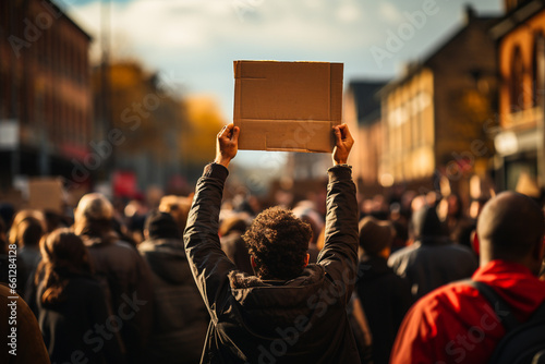Man standing with demonstration poster in front of the people crowd. Black lives matters (BLM), human right, refugees concept. Blank brown cardboard poster with copy space. Generative AI